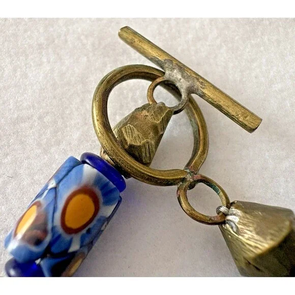 Bracelet Venetian Millefiori Glass African Trade Beads Yellow Blue Cylindrical - Picture 9 of 12